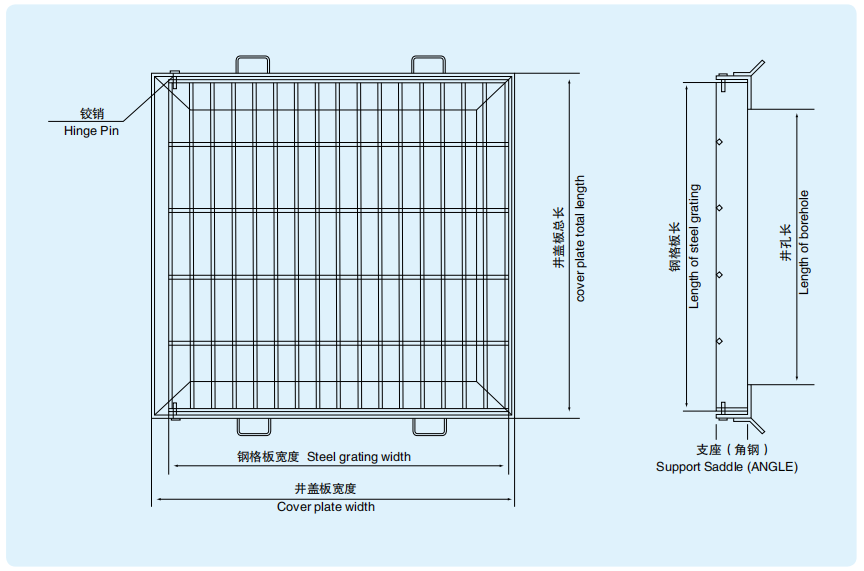 Plan and side view of a framed steel grating cover showing overall cover dimensions, grating dimensions, opening length, hinge pin and angle support