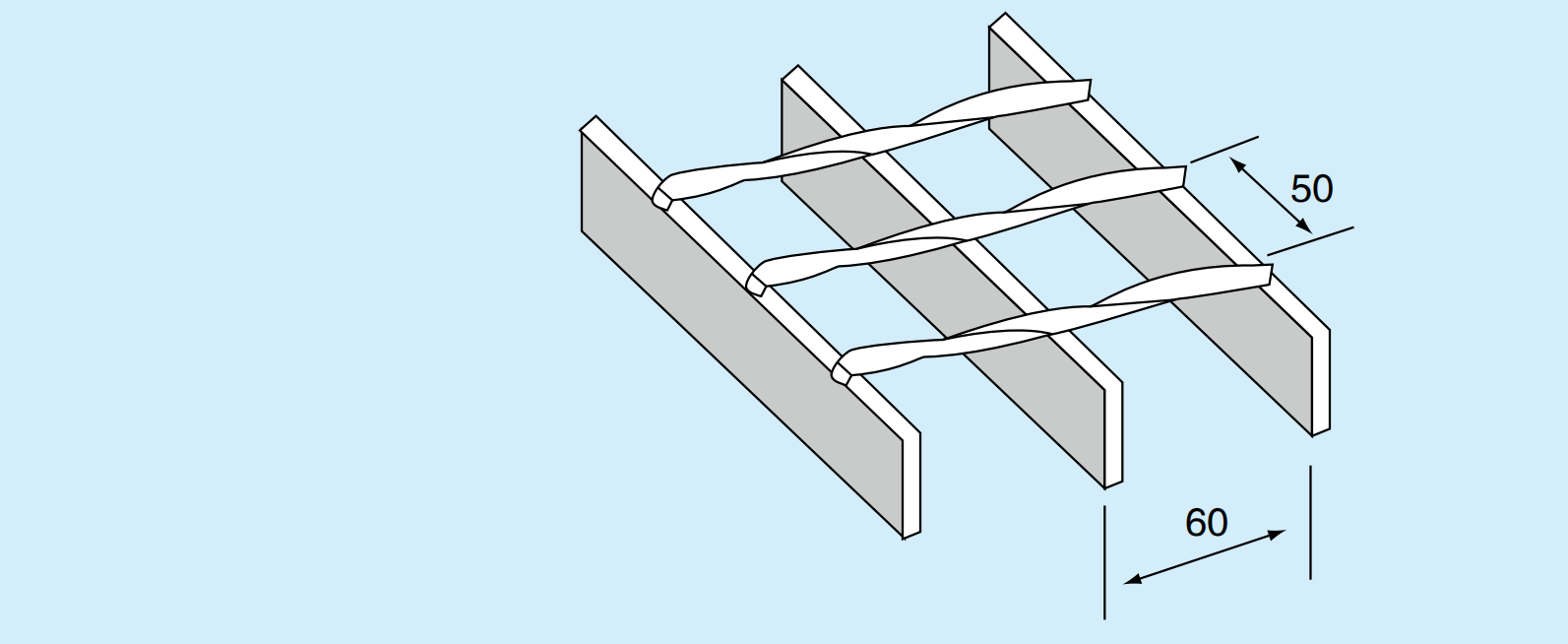 Steel grating layout illustration with 60 mm bearing-bar pitch